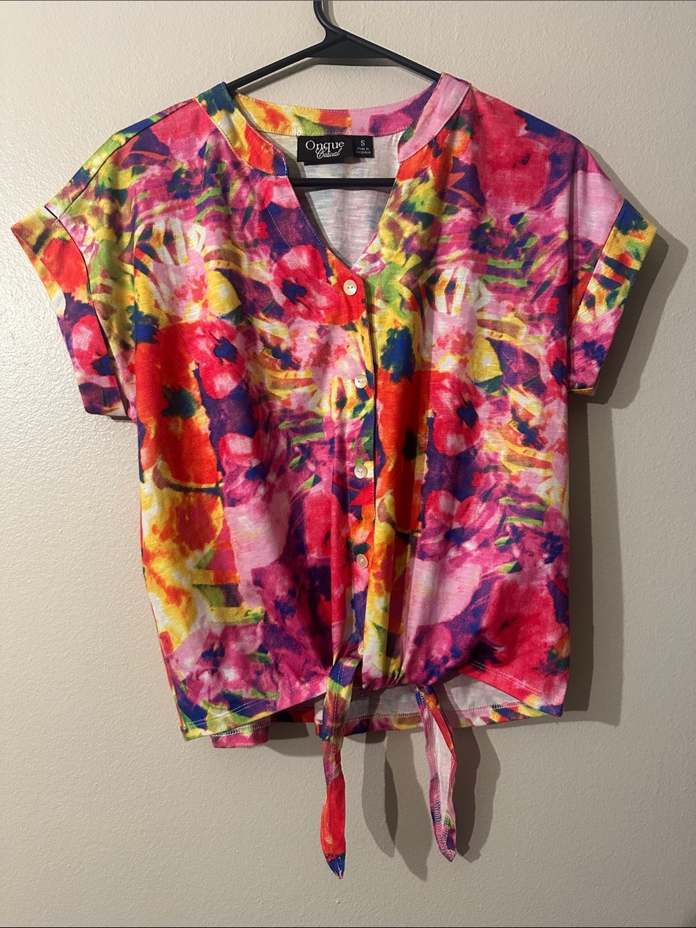 Onque casual Multicolor Tie-Front Button-Up Top - Pink/Yellow Print Sz S